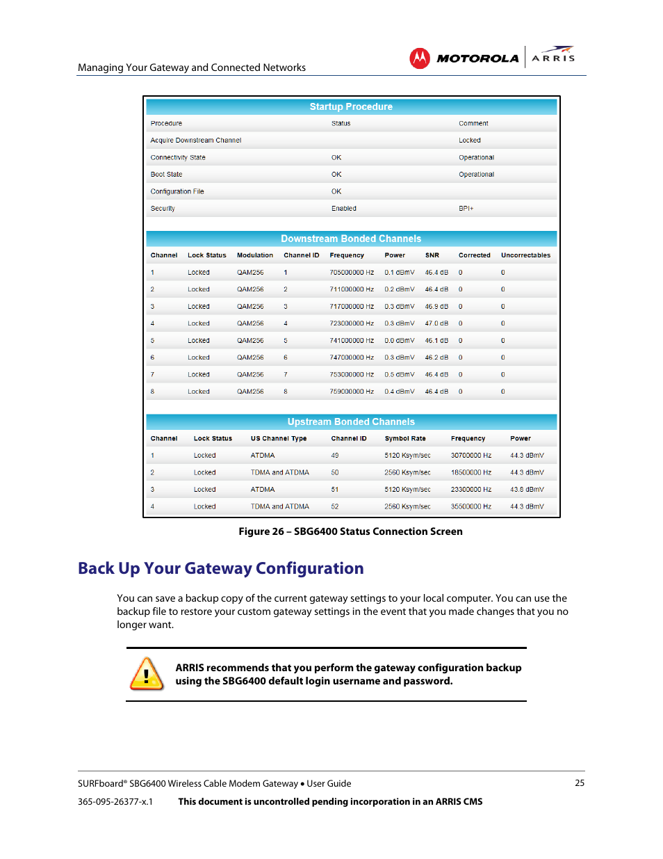 Back up your gateway configuration, Figure 26 – sbg6400 status connection screen | ARRIS SBG6400 User Guide User Manual | Page 34 / 59