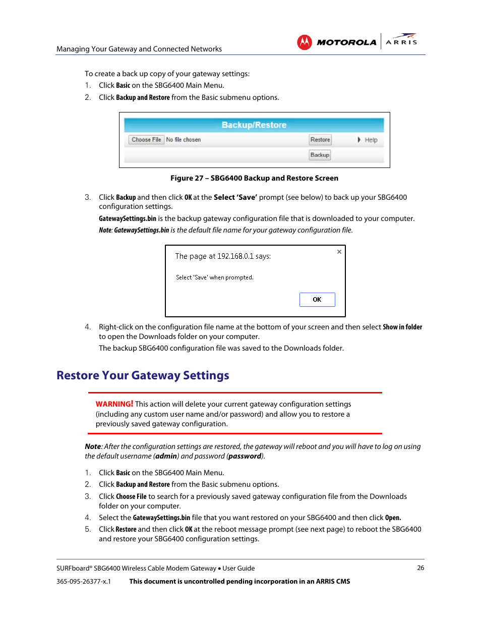 Restore your gateway settings, Figure 27 – sbg6400 backup and restore screen | ARRIS SBG6400 User Guide User Manual | Page 35 / 59