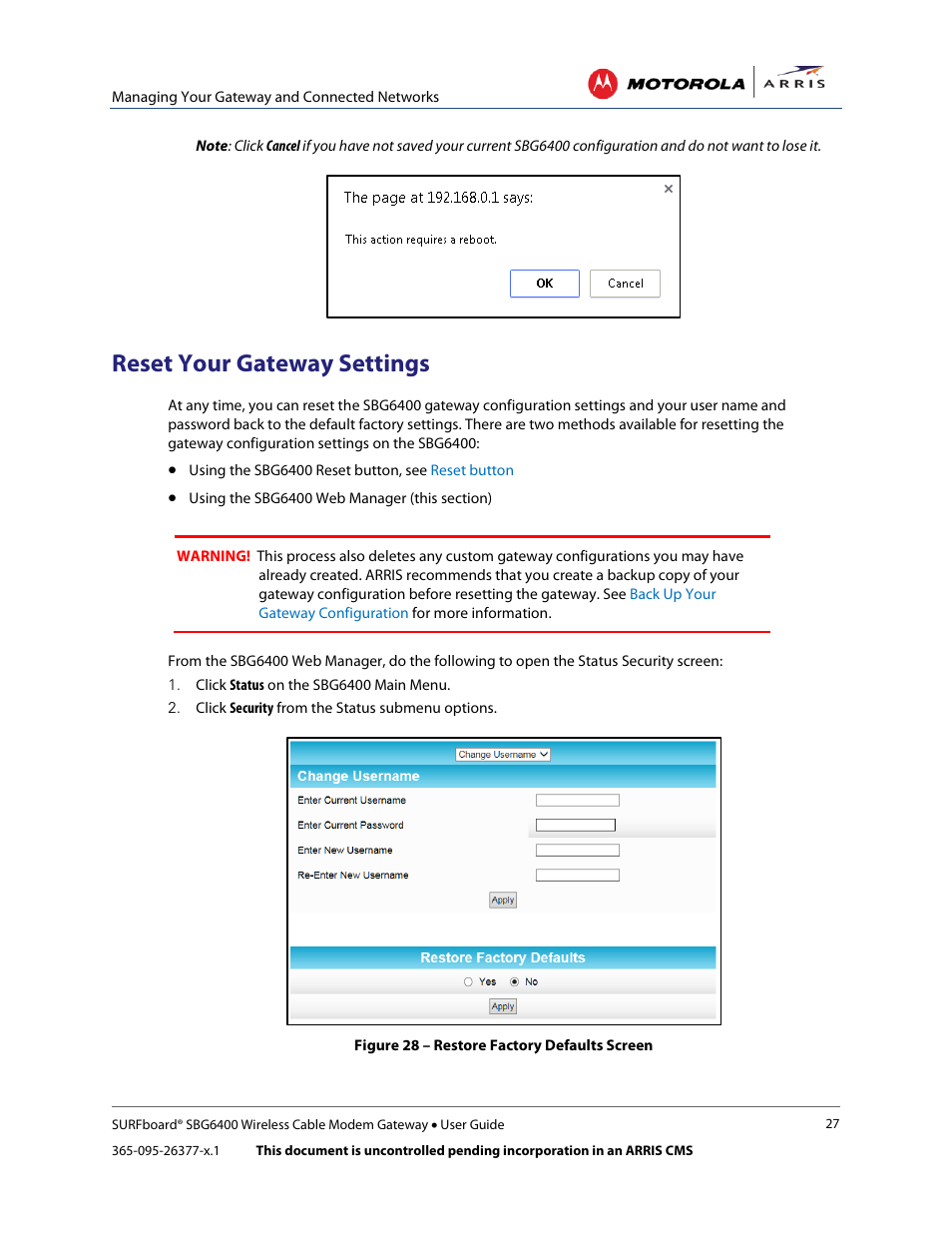 Reset your gateway settings, Figure 28 – restore factory defaults screen | ARRIS SBG6400 User Guide User Manual | Page 36 / 59