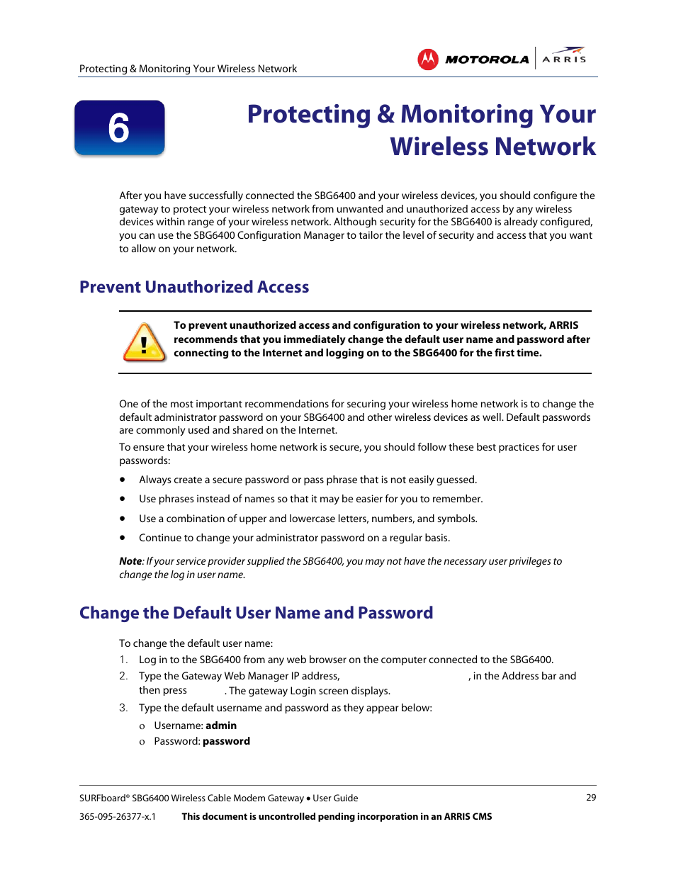 Protecting & monitoring your wireless network, Prevent unauthorized access, Change the default user name and password | Change the, Default user name and password, Change the default, User name and password | ARRIS SBG6400 User Guide User Manual | Page 38 / 59