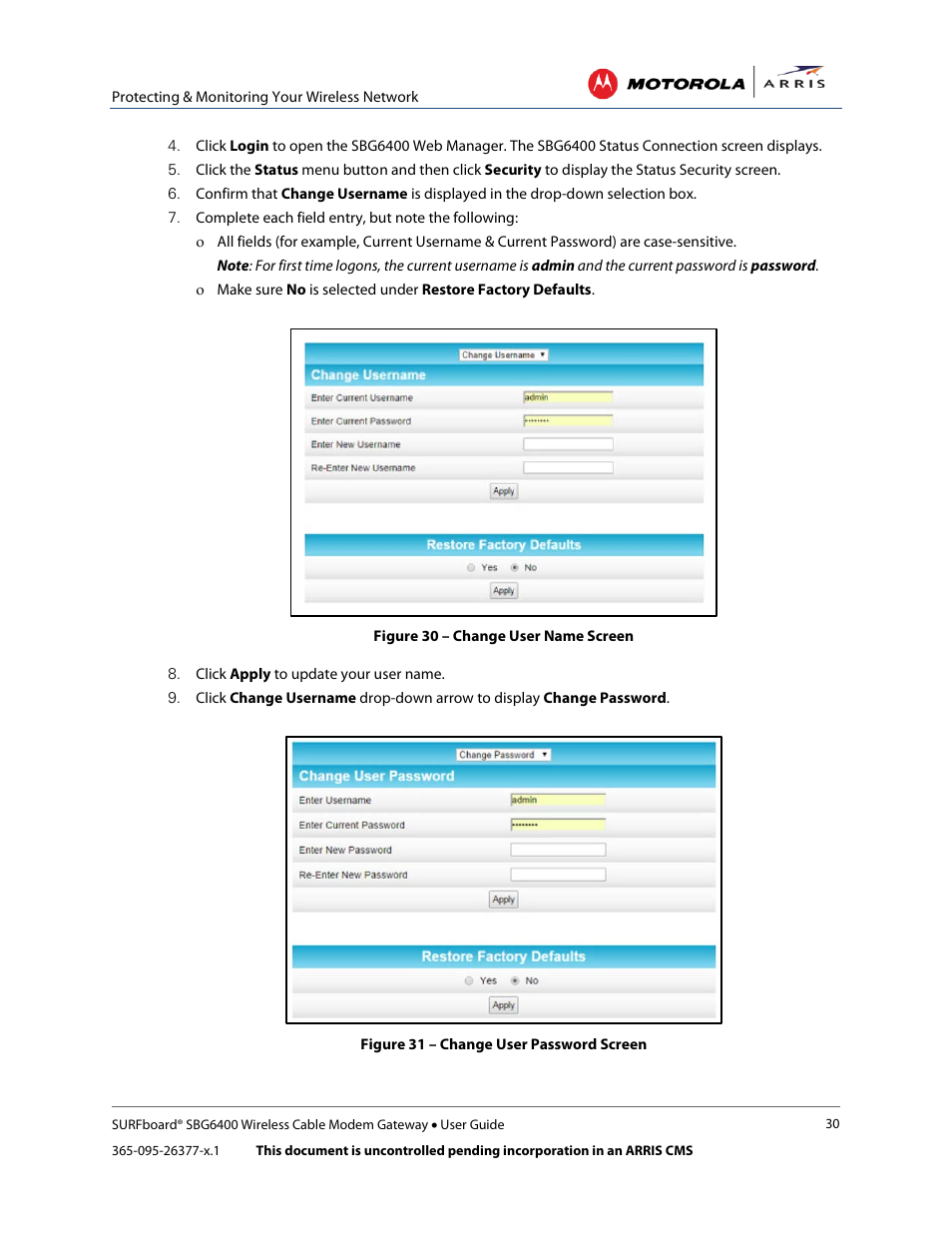 Figure 30 – change user name screen, Figure 31 – change user password screen | ARRIS SBG6400 User Guide User Manual | Page 39 / 59