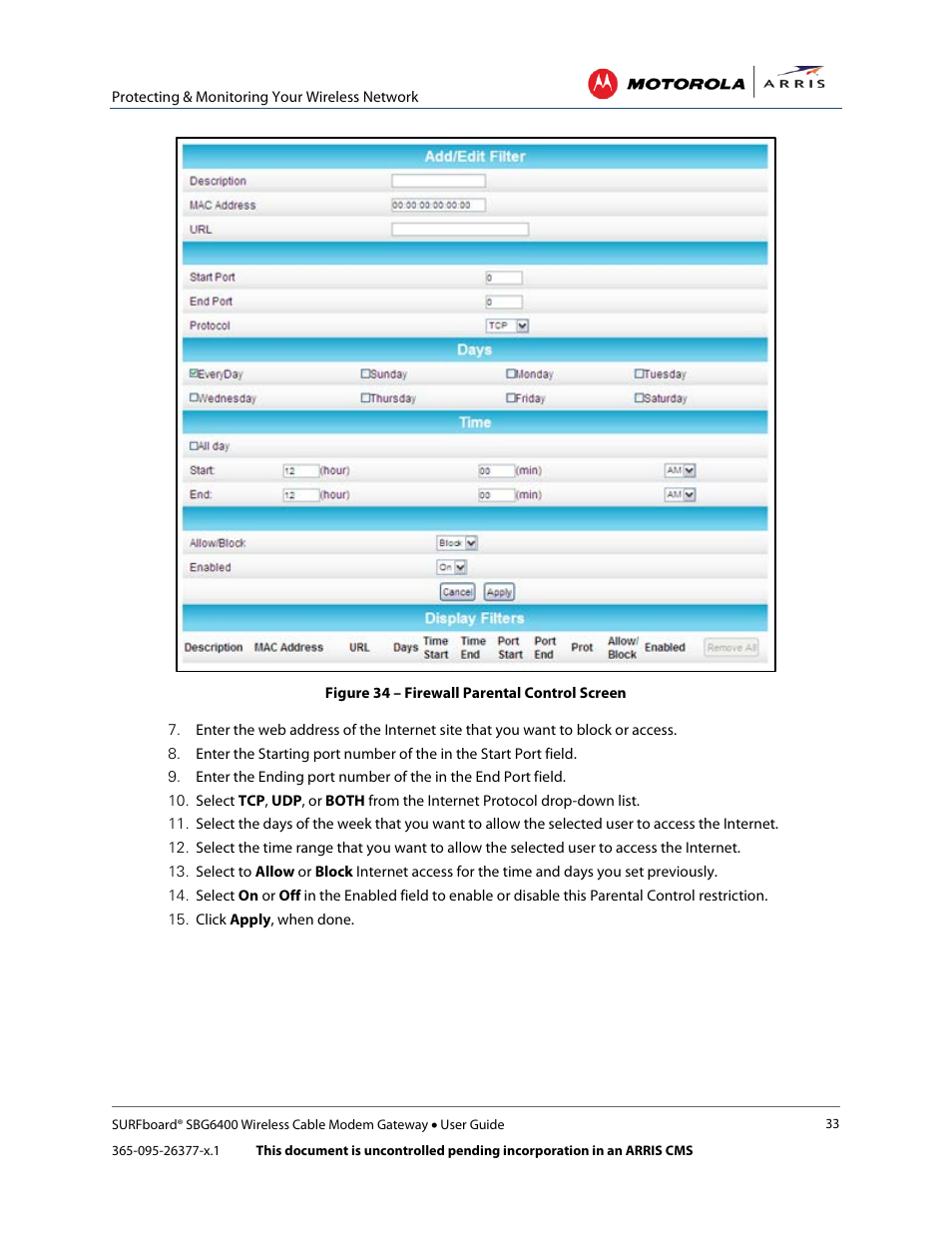 Figure 34 – firewall parental control screen | ARRIS SBG6400 User Guide User Manual | Page 42 / 59