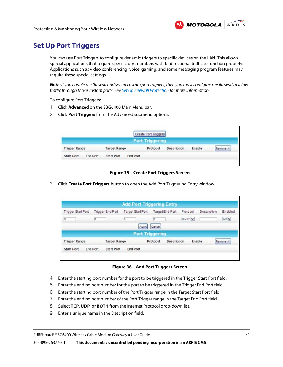 Set up port triggers, Figure 35 – create port triggers screen, Figure 36 – add port triggers screen | ARRIS SBG6400 User Guide User Manual | Page 43 / 59