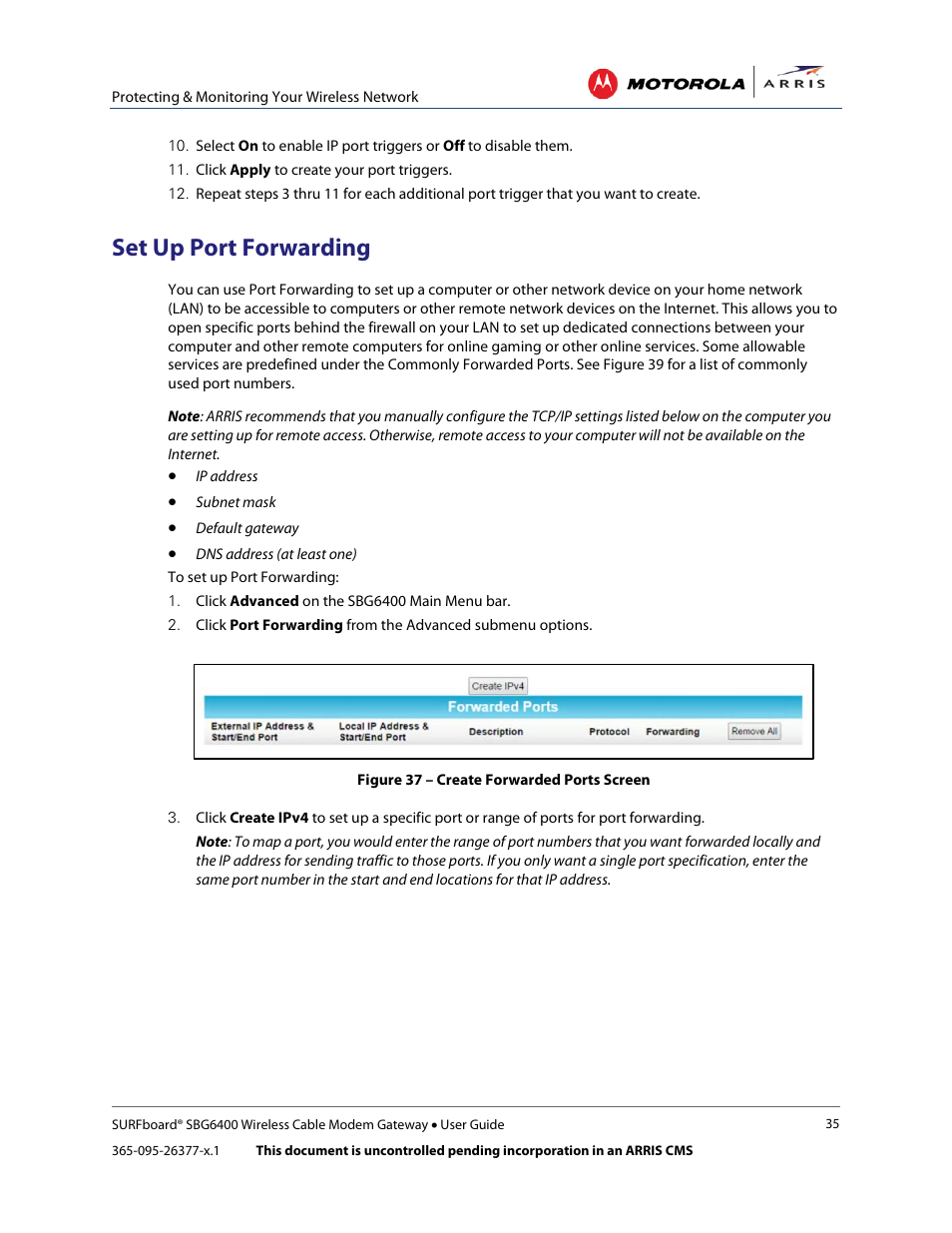 Set up port forwarding, Figure 37 – create forwarded ports screen | ARRIS SBG6400 User Guide User Manual | Page 44 / 59