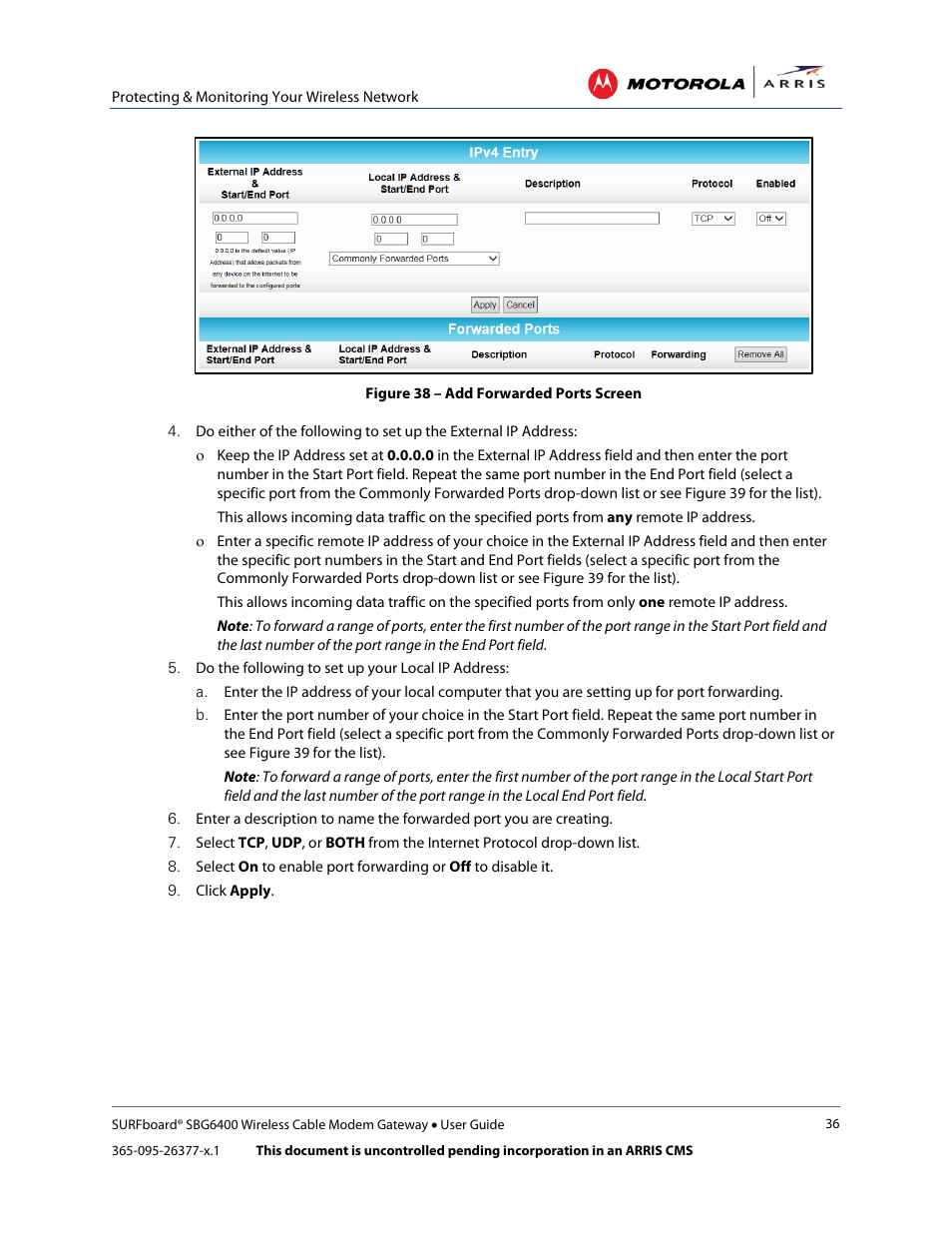 Figure 38 – add forwarded ports screen | ARRIS SBG6400 User Guide User Manual | Page 45 / 59