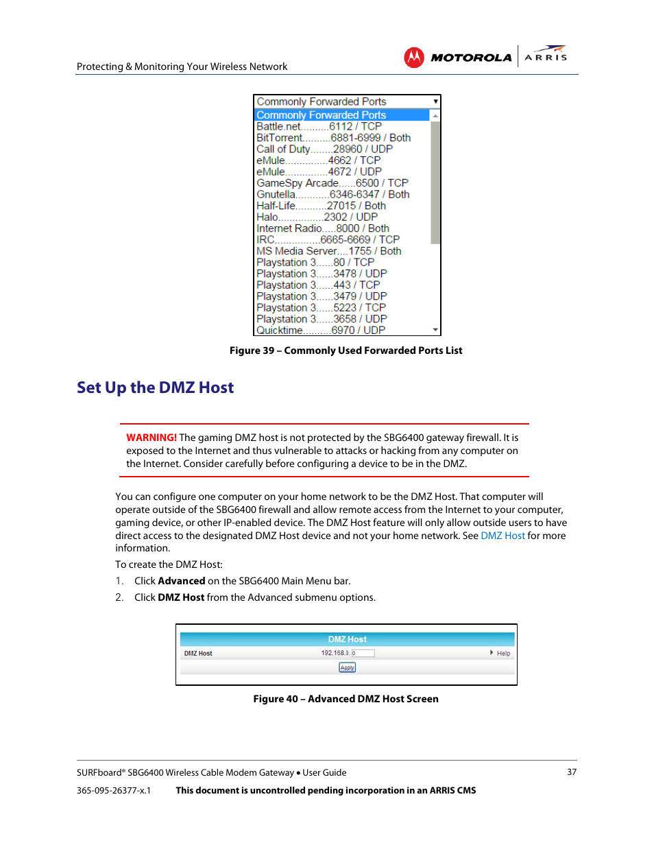 Set up the dmz host, Figure 39 – commonly used forwarded ports list, Figure 40 – advanced dmz host screen | ARRIS SBG6400 User Guide User Manual | Page 46 / 59