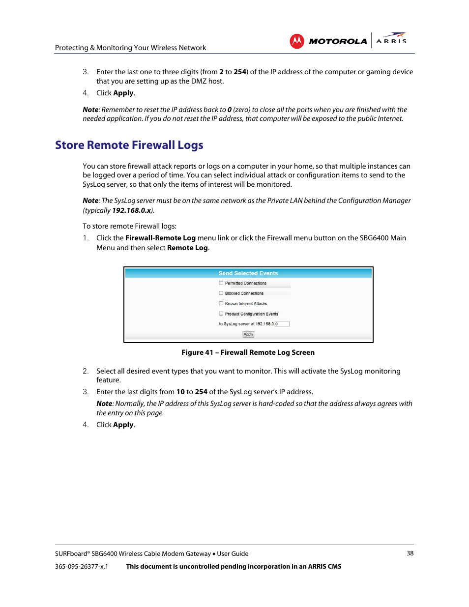 Store remote firewall logs, Figure 41 – firewall remote log screen | ARRIS SBG6400 User Guide User Manual | Page 47 / 59