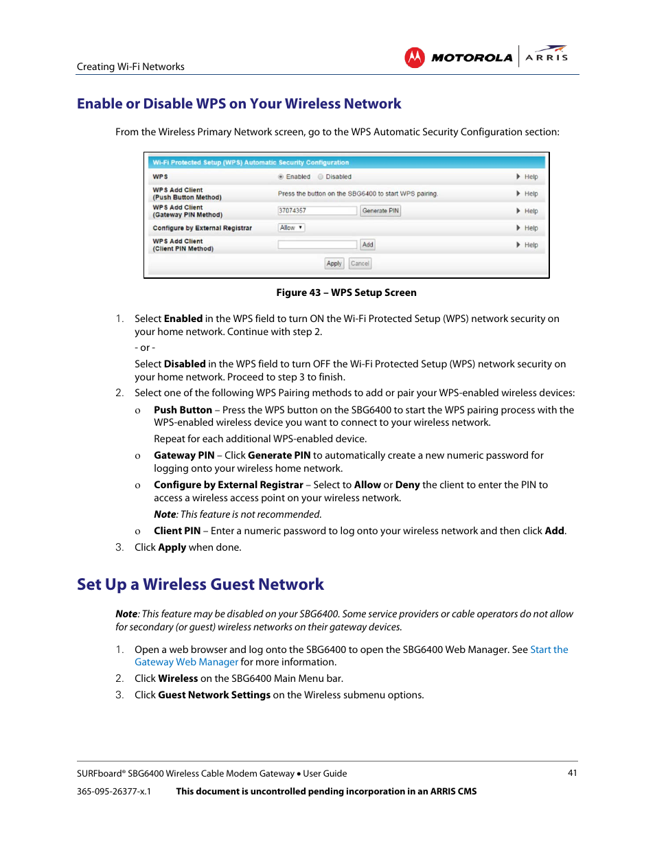 Set up a wireless guest network, Enable or disable wps on your wireless network, Figure 43 – wps setup screen | ARRIS SBG6400 User Guide User Manual | Page 50 / 59