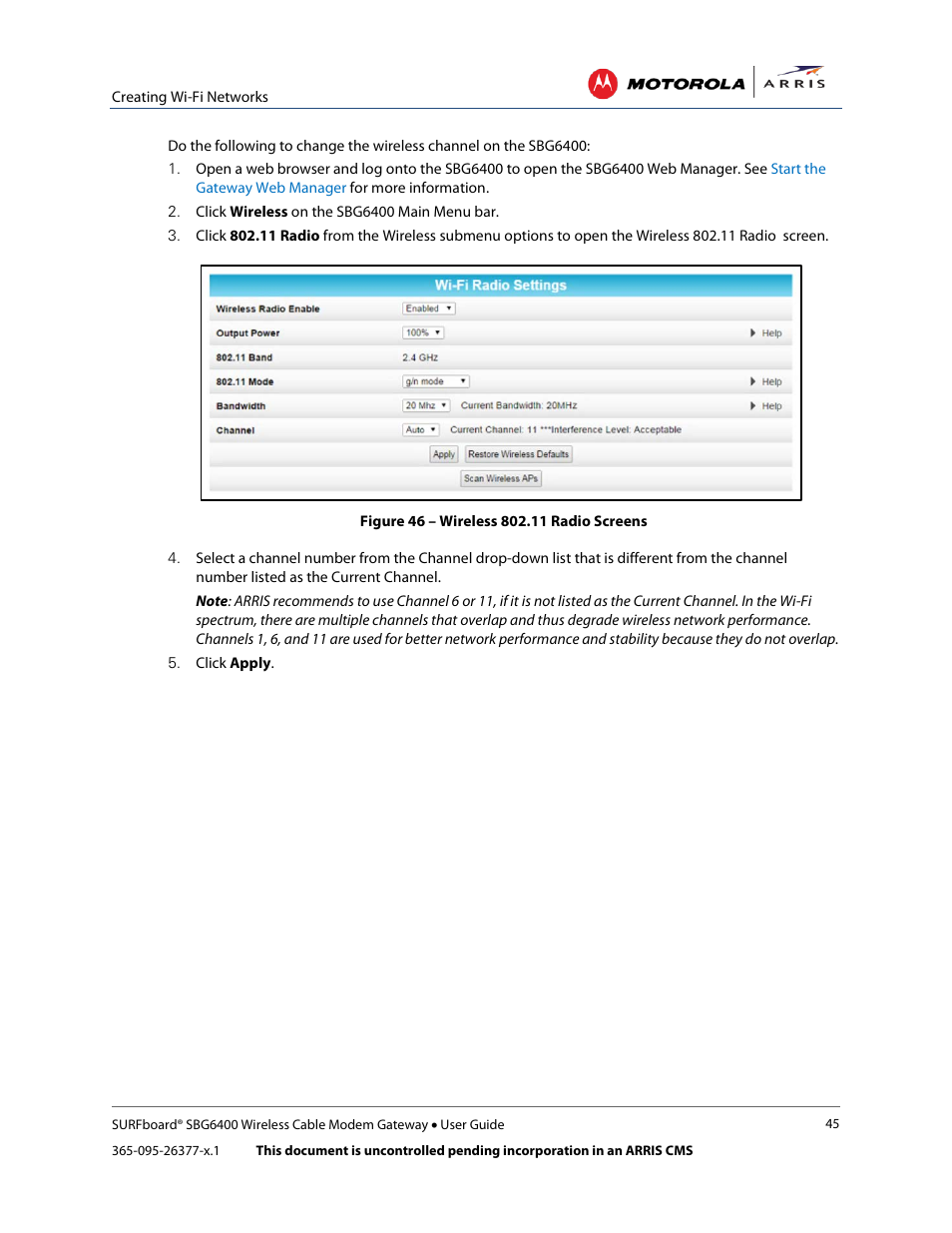 Figure 46 – wireless 802.11 radio screens | ARRIS SBG6400 User Guide User Manual | Page 54 / 59