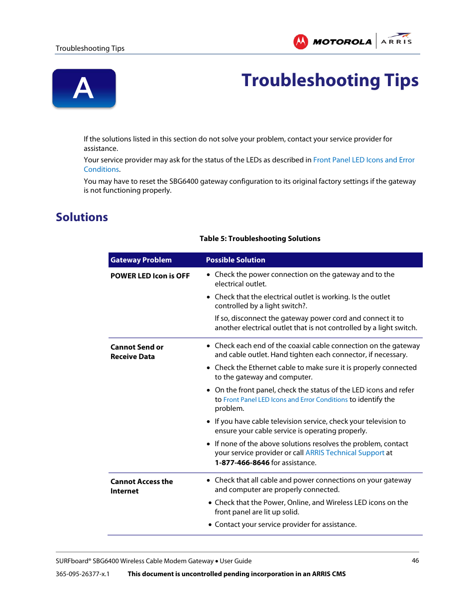 Troubleshooting tips, Solutions, Table 5: troubleshooting solutions | Prevent unauthorized access | ARRIS SBG6400 User Guide User Manual | Page 55 / 59