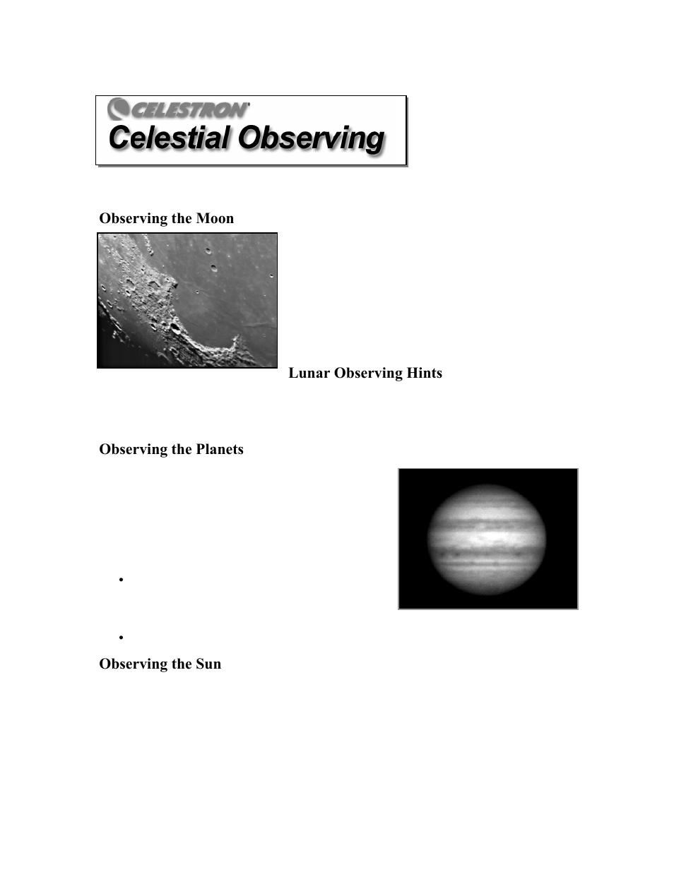 Observing the moon, Lunar observing hints, Observing the planets | Observing the sun | Celestron C100ED-R User Manual | Page 37 / 67