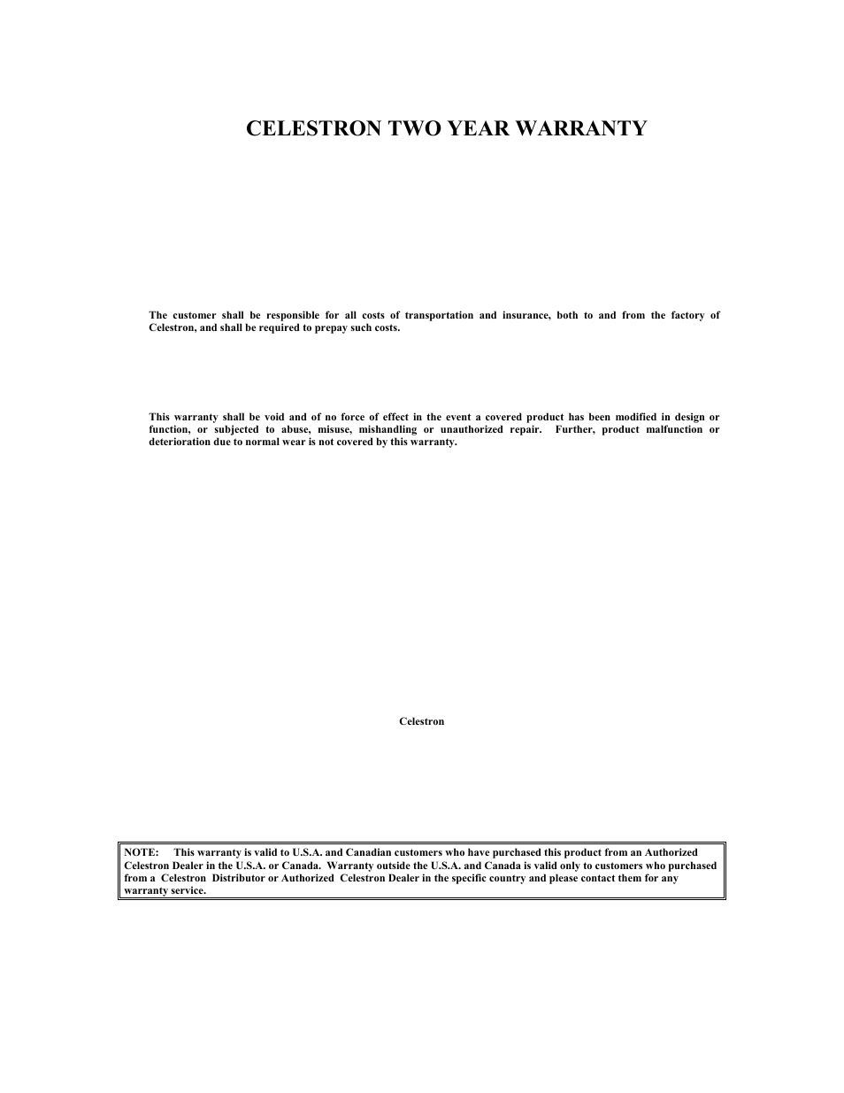Celestron two year warranty | Celestron C100ED-R User Manual | Page 66 / 67