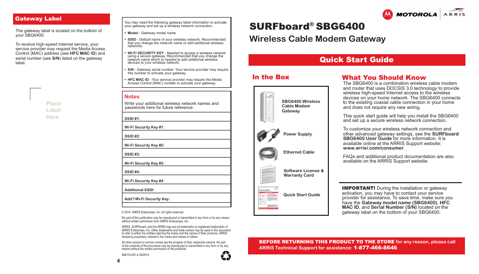 ARRIS SBG6400 Qiuck Start Guide User Manual | 2 pages