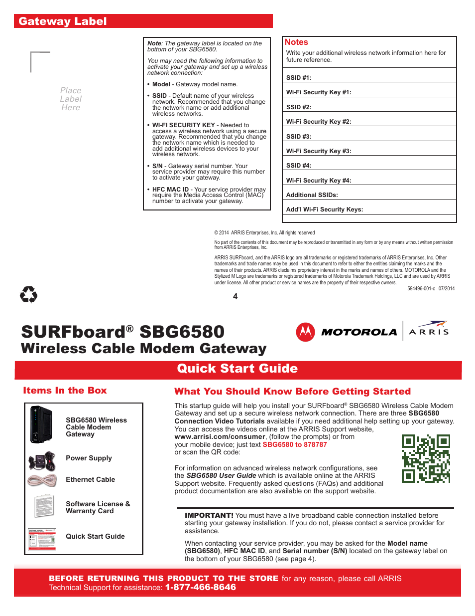 ARRIS SBG6580 Qiuck Start Guide User Manual | 2 pages