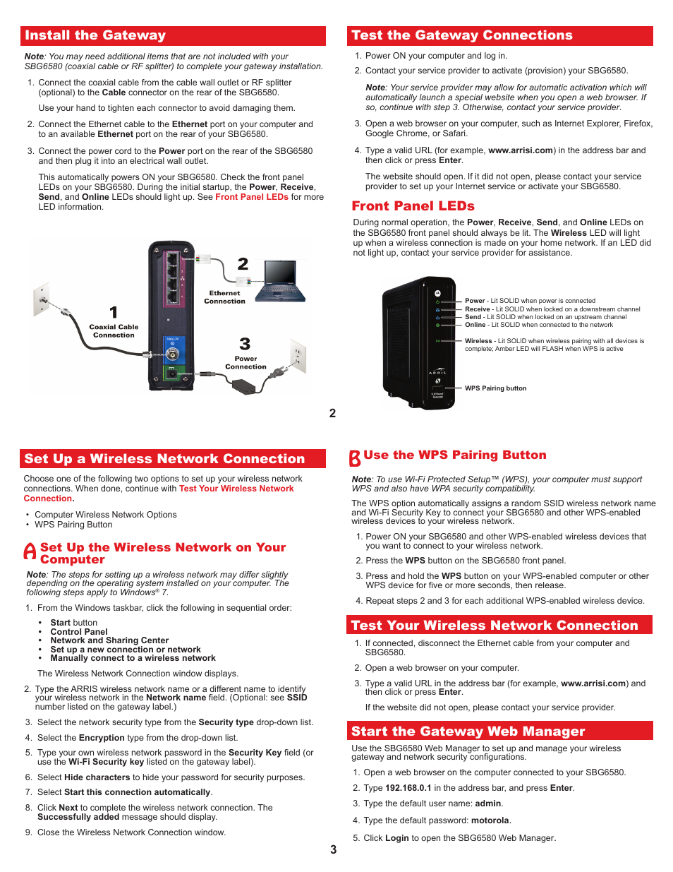 Set up a wireless network connection, Test your wireless network connection, Start the gateway web manager | Front panel leds, Install the gateway, Test the gateway connections, Set up the wireless network on your computer, Use the wps pairing button | ARRIS SBG6580 Qiuck Start Guide User Manual | Page 2 / 2