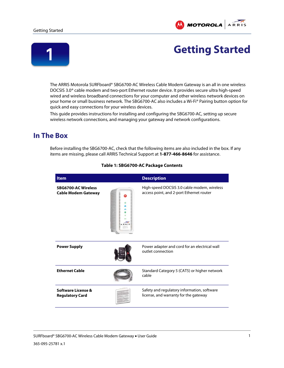 Getting started, In the box, Table 1: sbg6700-ac package contents | ARRIS SBG6700 User Guide User Manual | Page 12 / 86