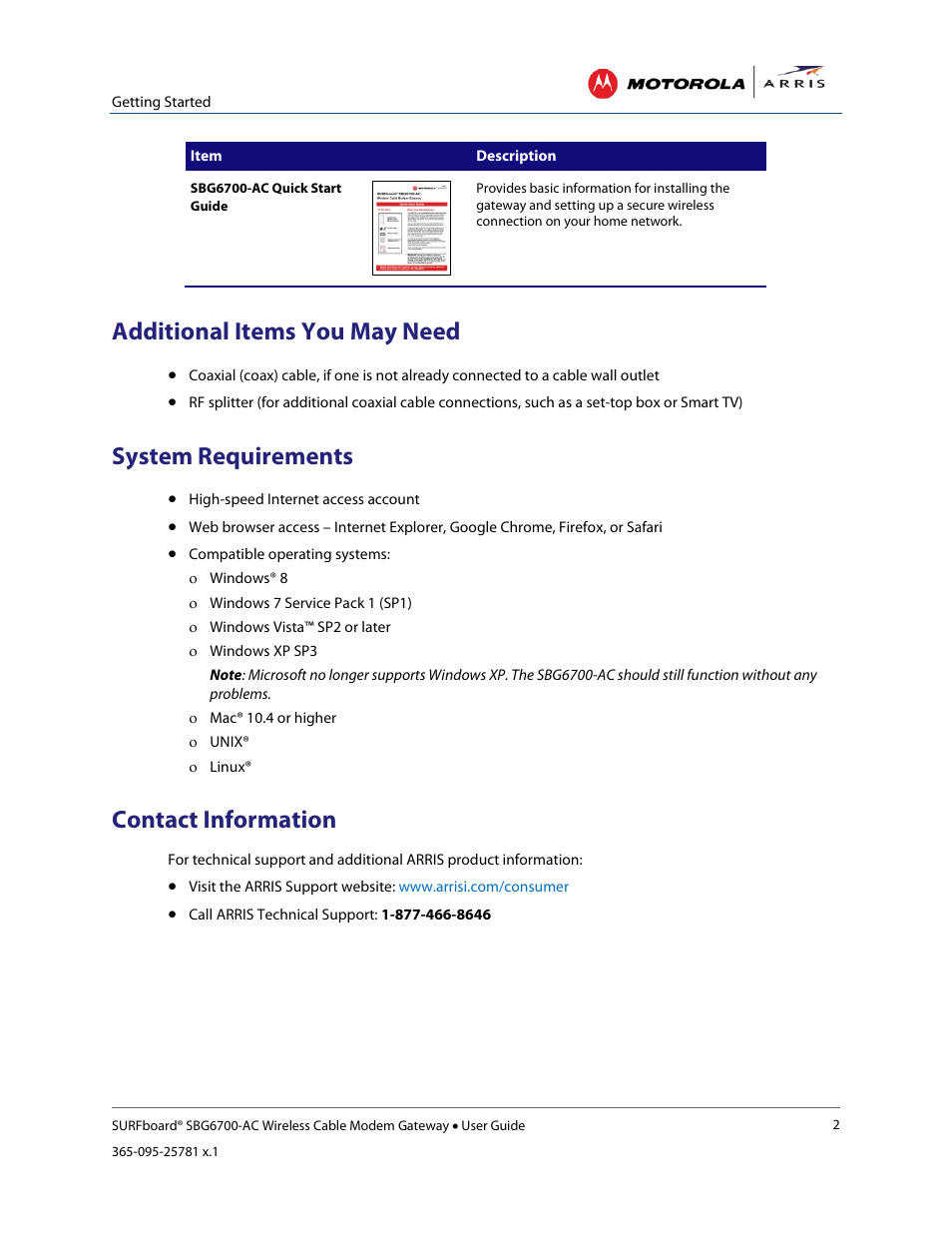 Additional items you may need, System requirements, Contact information | Additional items you may need (not included) | ARRIS SBG6700 User Guide User Manual | Page 13 / 86