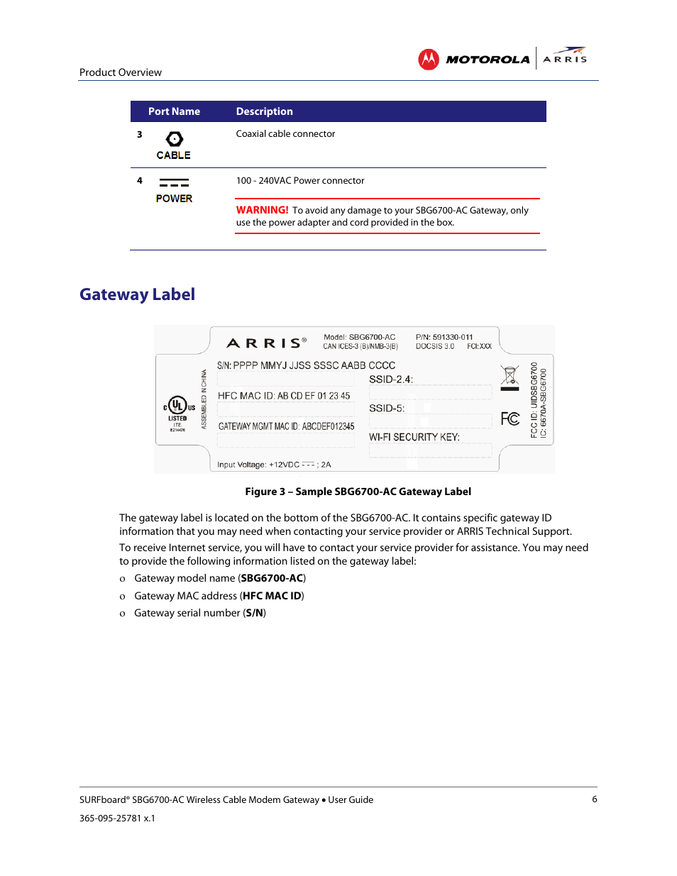 Gateway label, Figure 2 – sbg6700-ac rear view | ARRIS SBG6700 User Guide User Manual | Page 17 / 86