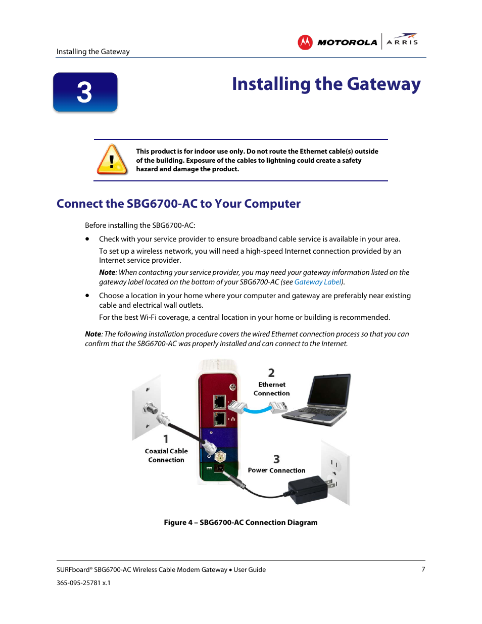 Installing the gateway, Connect the sbg6700-ac to your computer, Figure 3 – sample sbg6700-ac gateway label | ARRIS SBG6700 User Guide User Manual | Page 18 / 86