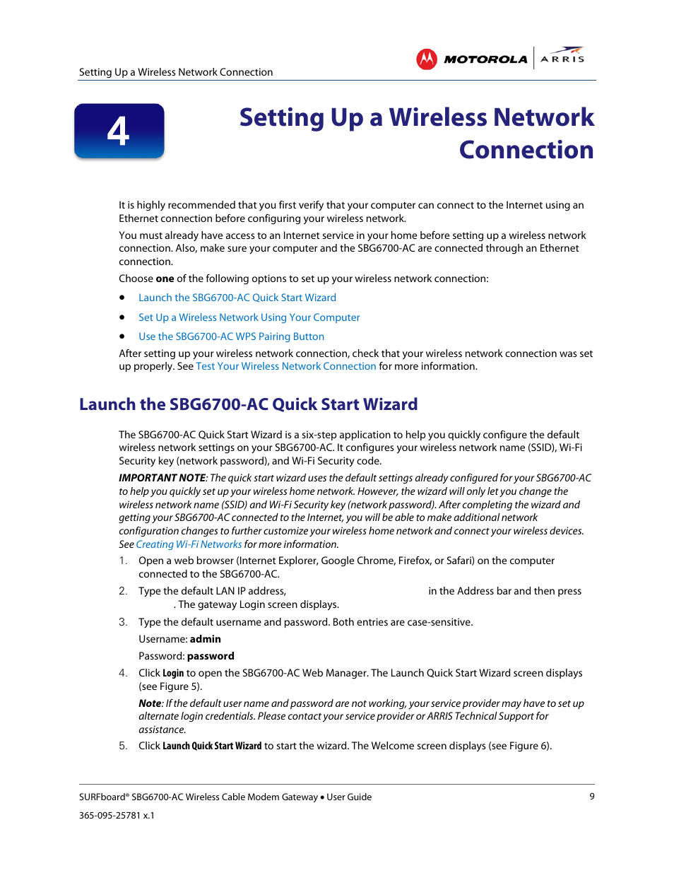 Setting up a wireless network connection, Launch the sbg6700-ac quick start wizard | ARRIS SBG6700 User Guide User Manual | Page 20 / 86