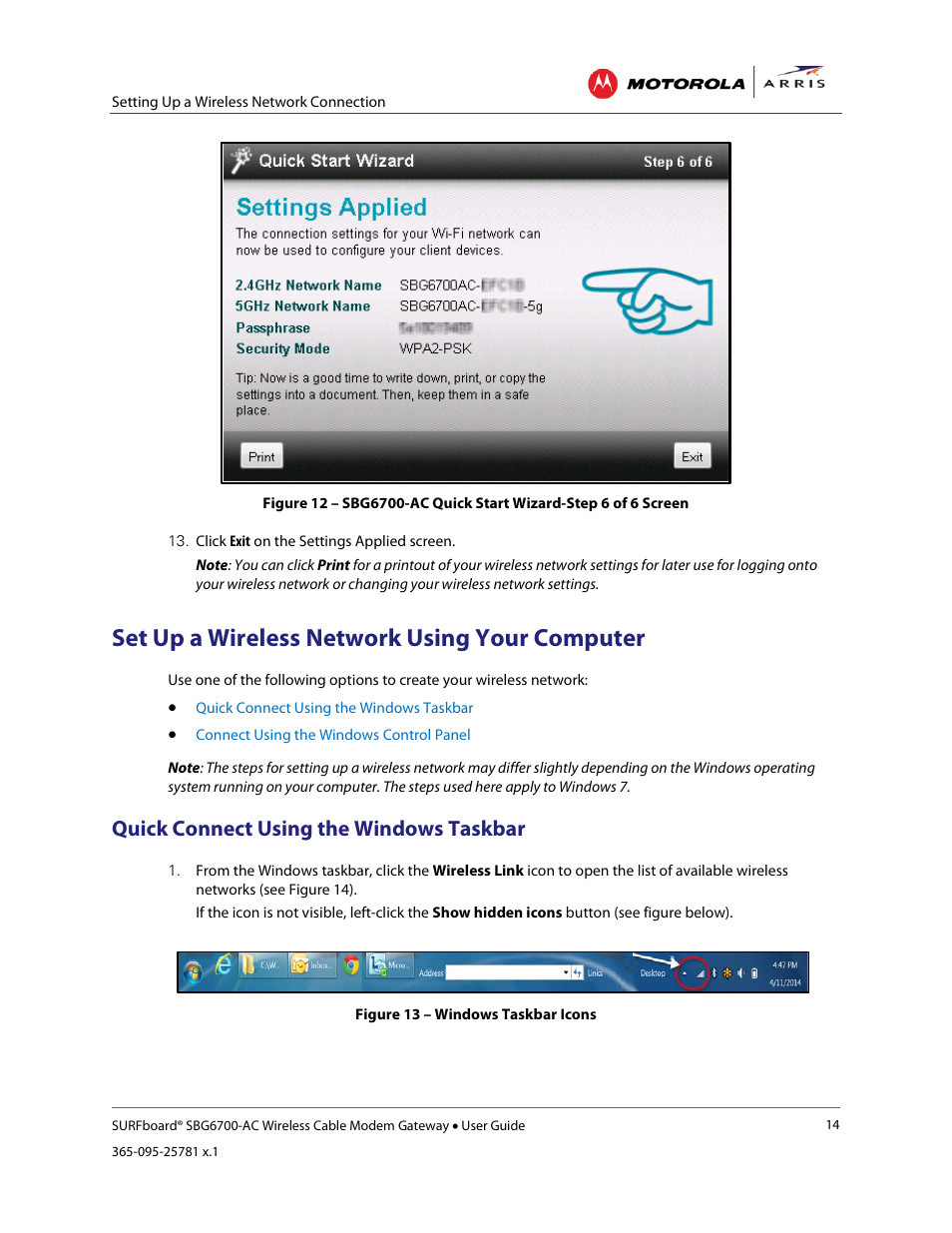 Set up a wireless network using your computer, Quick connect using the windows taskbar, Set up a wireless network using y our computer | ARRIS SBG6700 User Guide User Manual | Page 25 / 86