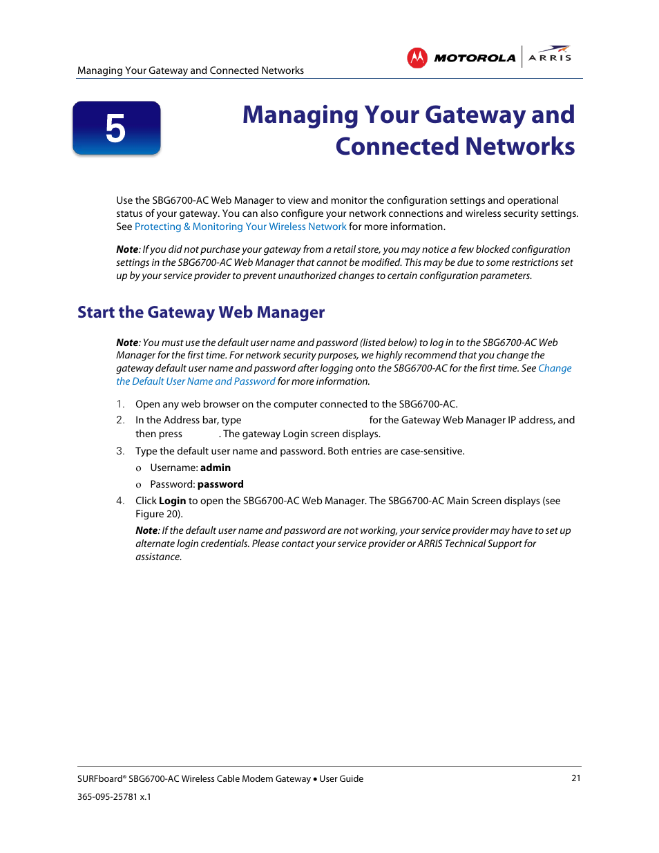 Managing your gateway and connected networks, Start the gateway web manager, Gateway web manager menu options | Figure 20 – sbg6700-ac main screen | ARRIS SBG6700 User Guide User Manual | Page 32 / 86