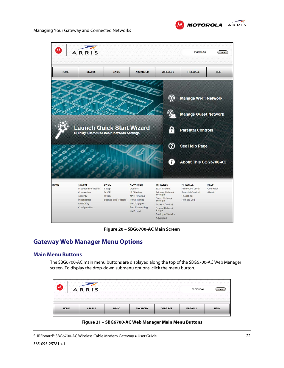 Gateway web manager menu options, Table 4: sbg6700-ac web manager main menu options | ARRIS SBG6700 User Guide User Manual | Page 33 / 86