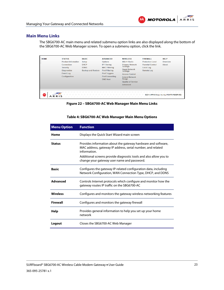 Get help, Overview help, Figure 22 – sbg6700-ac web manager main menu links | ARRIS SBG6700 User Guide User Manual | Page 34 / 86