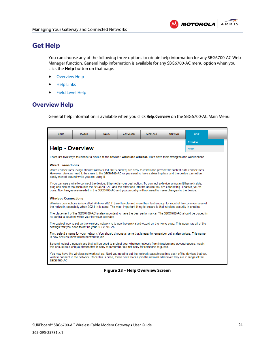 Get help, Overview help, Help links | Field level help, View the gateway product information, Figure 23 – help overview screen | ARRIS SBG6700 User Guide User Manual | Page 35 / 86