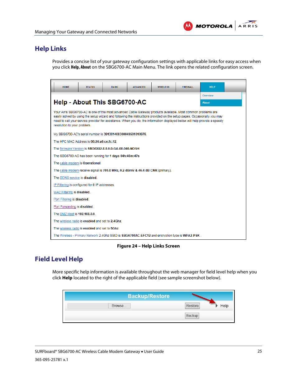 Help links, Field level help, View the gateway status | Figure 24 – help links screen | ARRIS SBG6700 User Guide User Manual | Page 36 / 86
