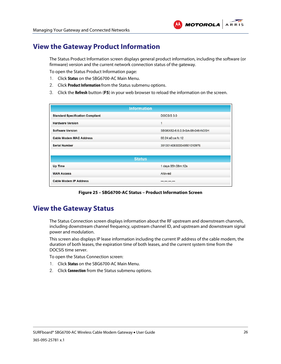 View the gateway product information, View the gateway status, Back up your gateway configuration | ARRIS SBG6700 User Guide User Manual | Page 37 / 86