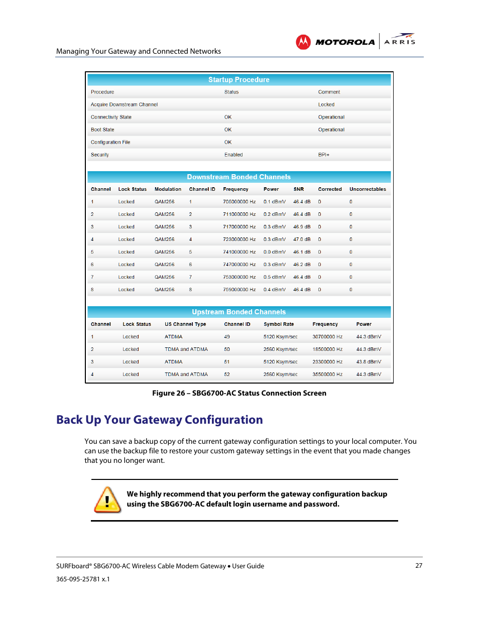 Back up your gateway configuration, Restore your gateway settings, Reset your gateway settings | Figure 26 – sbg6700-ac status connection screen | ARRIS SBG6700 User Guide User Manual | Page 38 / 86