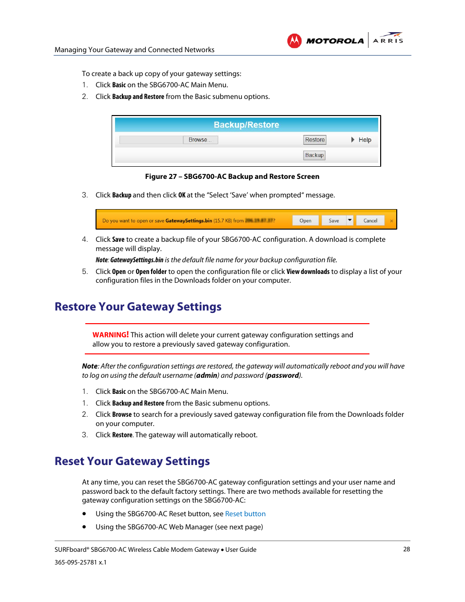 Restore your gateway settings, Reset your gateway settings, Exit the sbg6700-ac web manager | Figure 27 – sbg6700-ac backup and restore screen | ARRIS SBG6700 User Guide User Manual | Page 39 / 86
