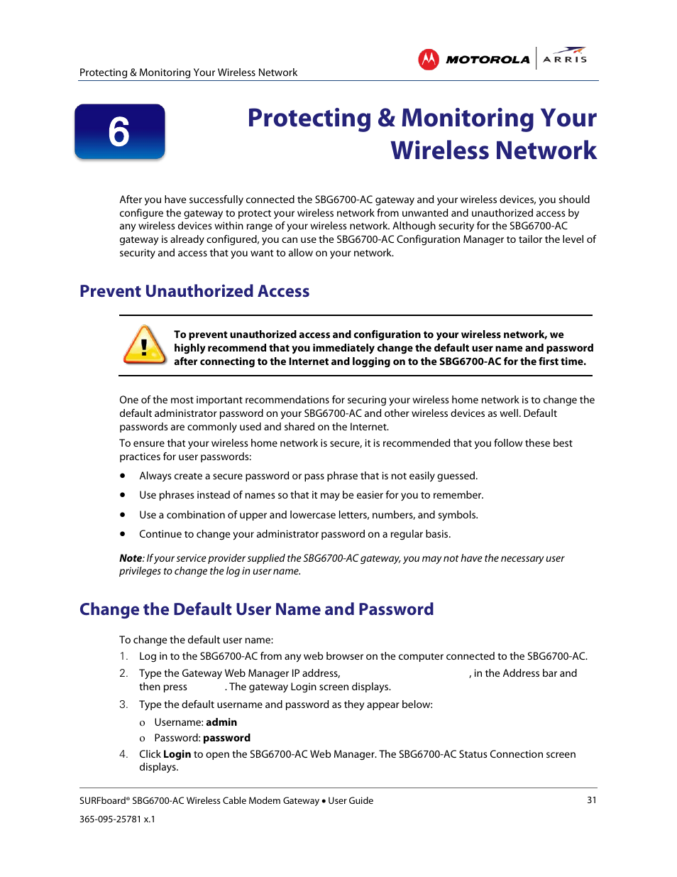 Protecting & monitoring your wireless network, Prevent unauthorized access, Change the default user name and password | Set up firewall protection, Figure 29 – change user name screen, Figure 30 – change user password screen | ARRIS SBG6700 User Guide User Manual | Page 42 / 86