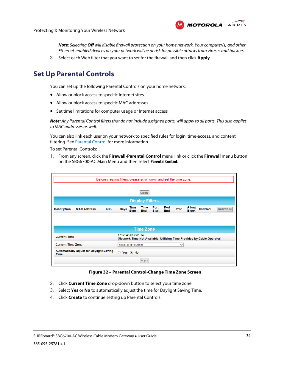 Set up parental controls, Set up port triggers, Figure 33 – firewall parental control screen | Figure 34 – advanced port triggers screen | ARRIS SBG6700 User Guide User Manual | Page 45 / 86