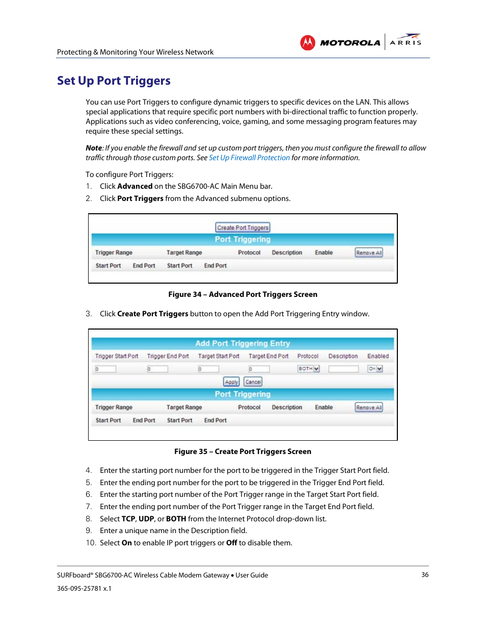 Set up port triggers, Set up the dmz host, Figure 36 – advanced port forwarding screen | ARRIS SBG6700 User Guide User Manual | Page 47 / 86