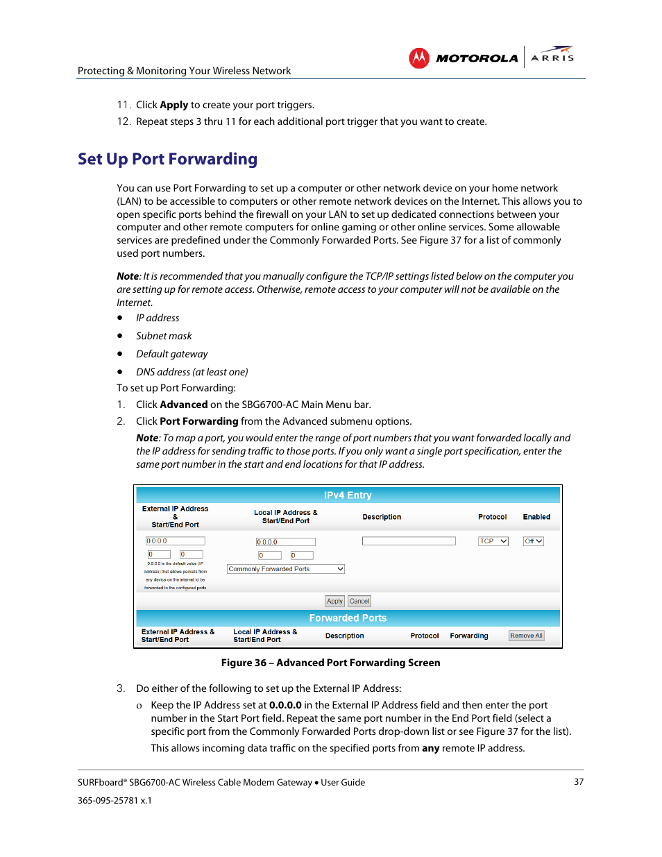 Set up port forwarding, Store remote firewall logs, Creating wi-fi networks | Figure 37 – commonly used forwarded ports list | ARRIS SBG6700 User Guide User Manual | Page 48 / 86
