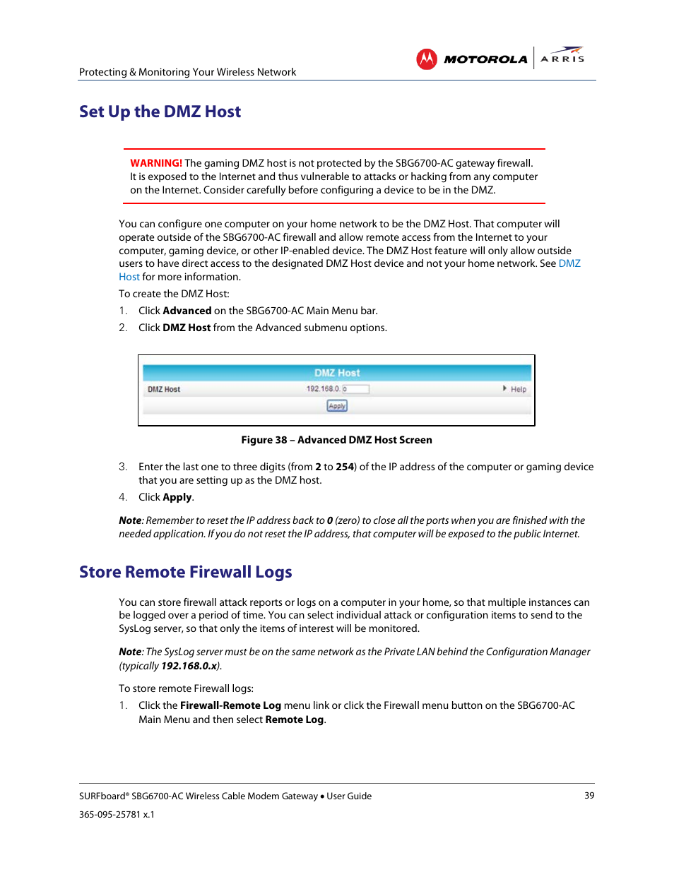 Set up the dmz host, Store remote firewall logs, Figure 38 – advanced dmz host screen | ARRIS SBG6700 User Guide User Manual | Page 50 / 86