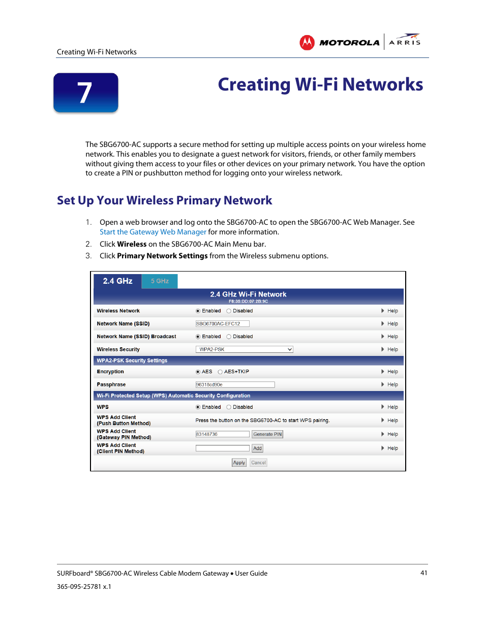 Creating wi-fi networks, Set up your wireless primary network, Set up a wireless guest network | Figure 39 – firewall remote log screen | ARRIS SBG6700 User Guide User Manual | Page 52 / 86