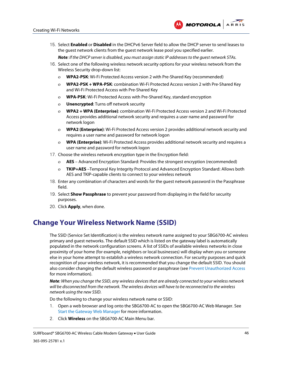 Change your wireless network name (ssid), Ic screens, Table 7: basic setup screen-field descriptions | ARRIS SBG6700 User Guide User Manual | Page 57 / 86