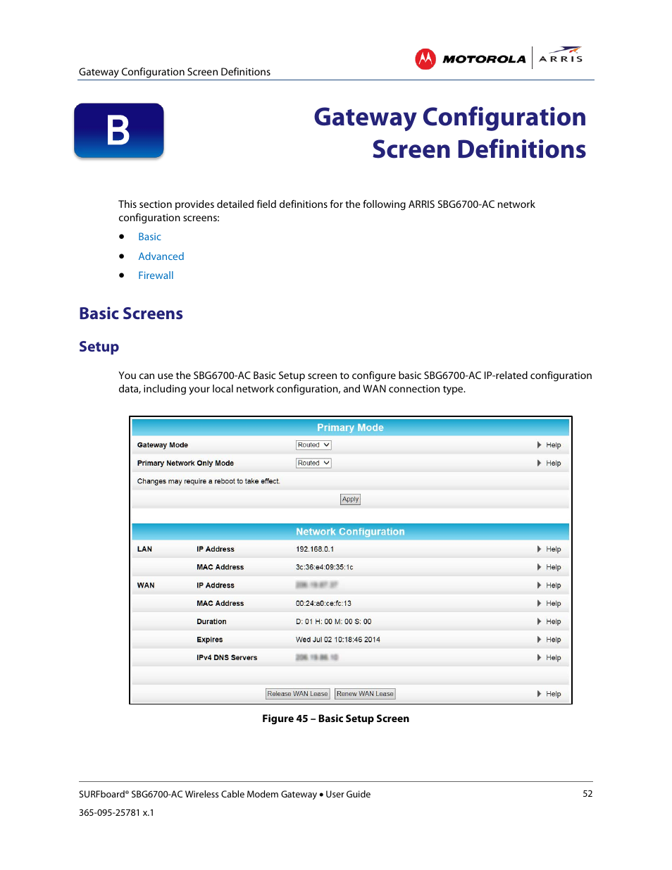 Gateway configuration screen definitions, Basic screens, Setup | Vanced screens, Figure 46 – basic dhcp screen | ARRIS SBG6700 User Guide User Manual | Page 63 / 86