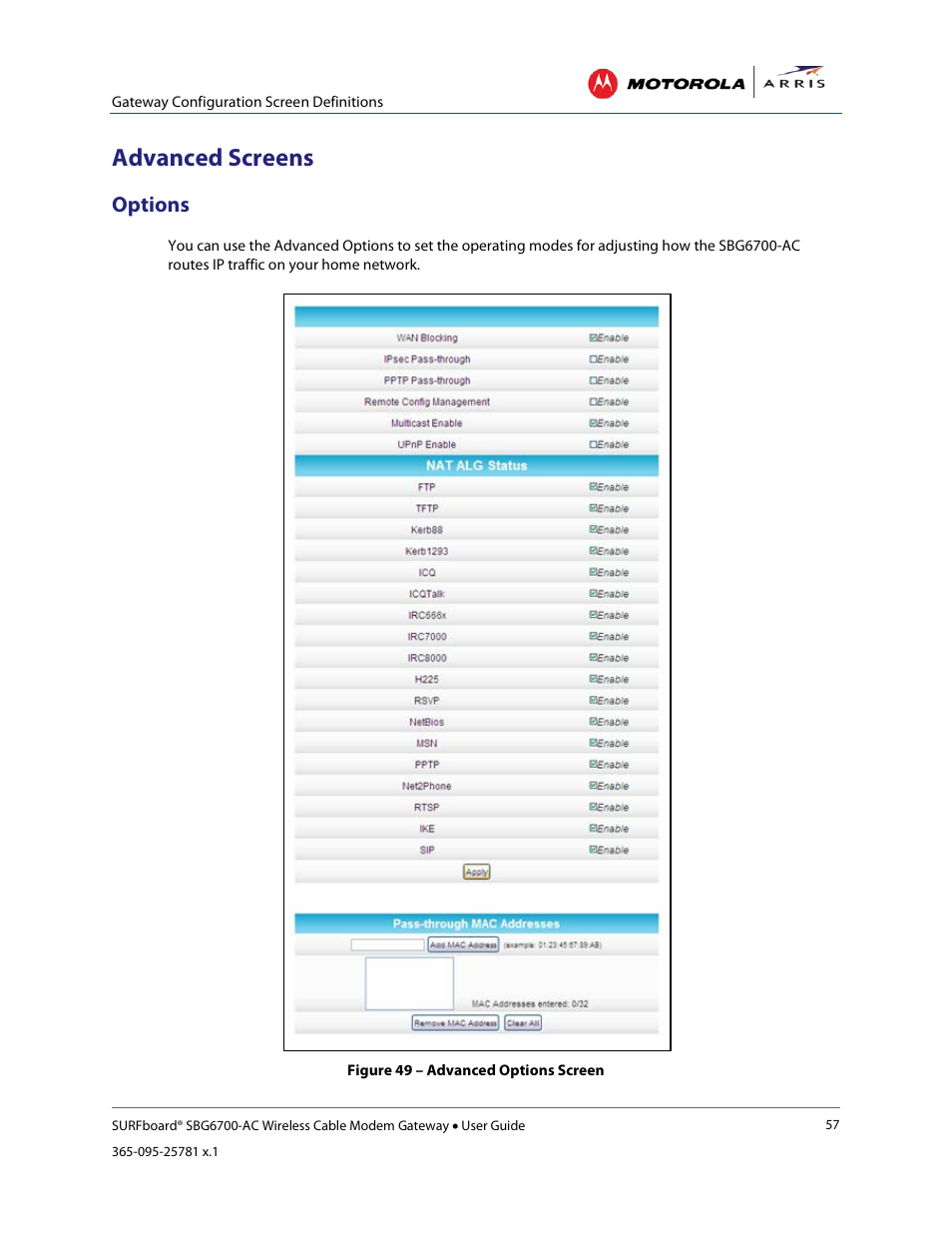 Advanced screens, Options, Port triggers | Figure 52 – advanced port filtering screen, Figure 53 – advanced create port triggers screen | ARRIS SBG6700 User Guide User Manual | Page 68 / 86