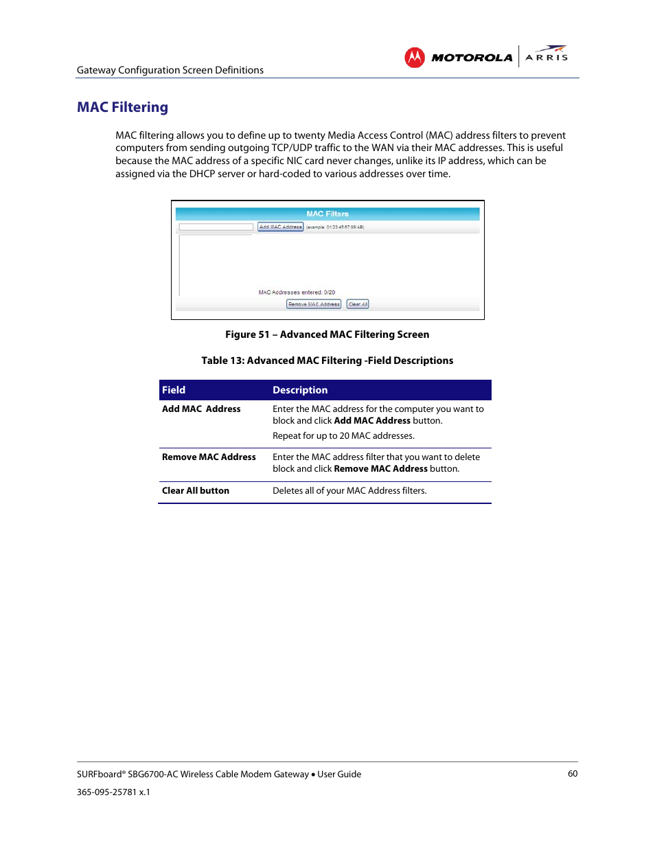 Mac filtering, Ewall screens | ARRIS SBG6700 User Guide User Manual | Page 71 / 86