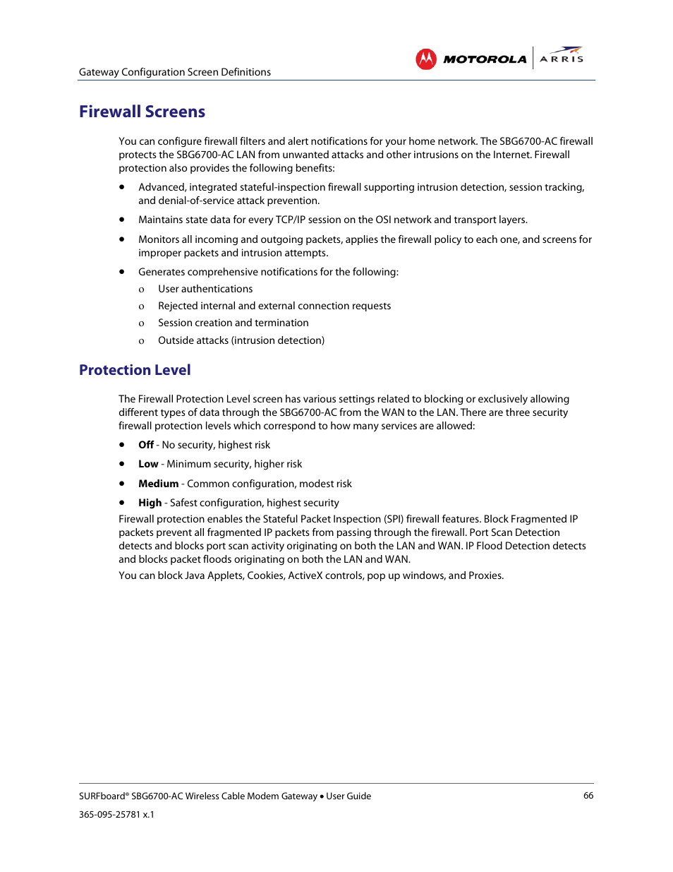 Firewall screens, Protection level | ARRIS SBG6700 User Guide User Manual | Page 77 / 86