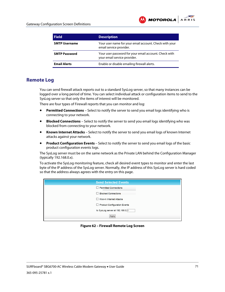 Remote log | ARRIS SBG6700 User Guide User Manual | Page 82 / 86