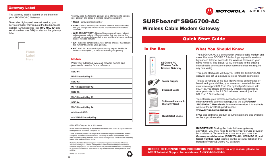 ARRIS SBG6700 Quick Start Guide User Manual | 2 pages