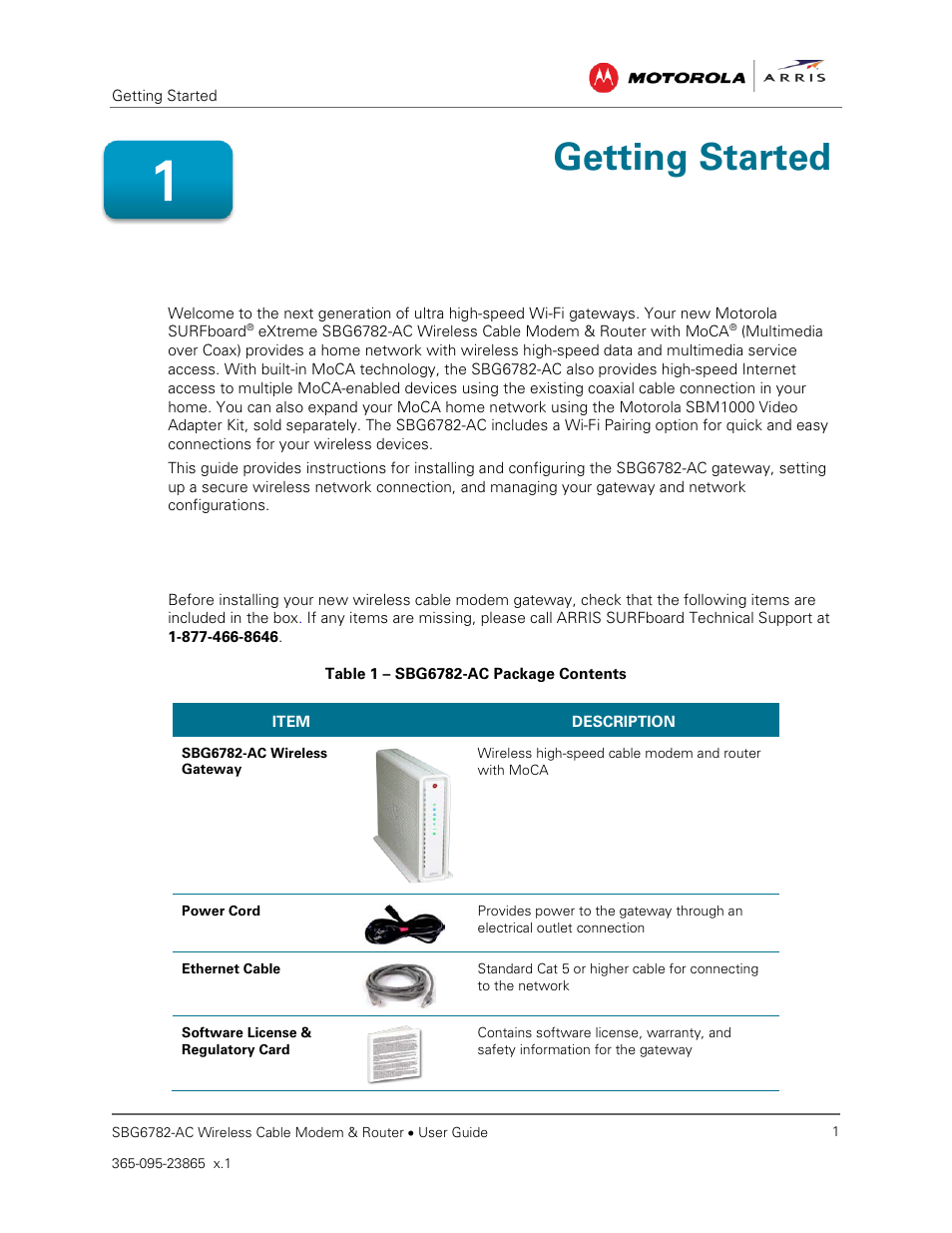 Introduction, In the box, Getting started | Table 1 – sbg6782-ac package contents | ARRIS SBG6782 AC User Guide User Manual | Page 10 / 55