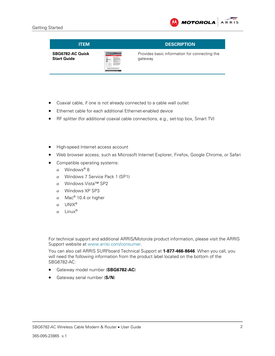 Additional items you may need, System requirements, Contact information | ARRIS SBG6782 AC User Guide User Manual | Page 11 / 55