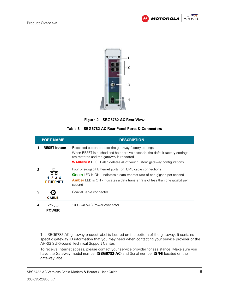 Rear panel, Gateway label, Table 3 – sbg6782-ac rear panel ports & connectors | Figure 2 – sbg6782-ac rear view | ARRIS SBG6782 AC User Guide User Manual | Page 14 / 55