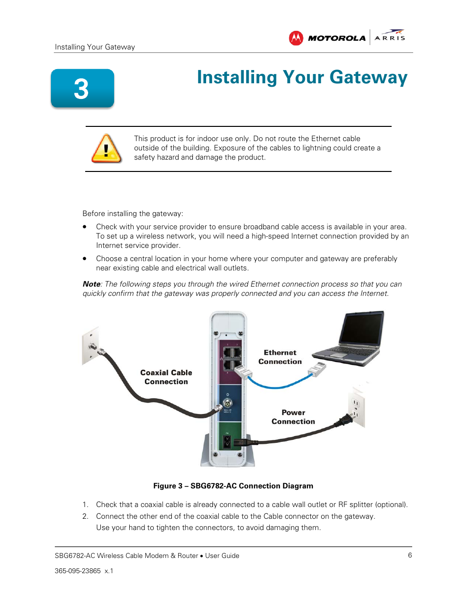 Connect the gateway to your computer, Installing your gateway, Figure 3 – sbg6782-ac connection diagram | ARRIS SBG6782 AC User Guide User Manual | Page 15 / 55